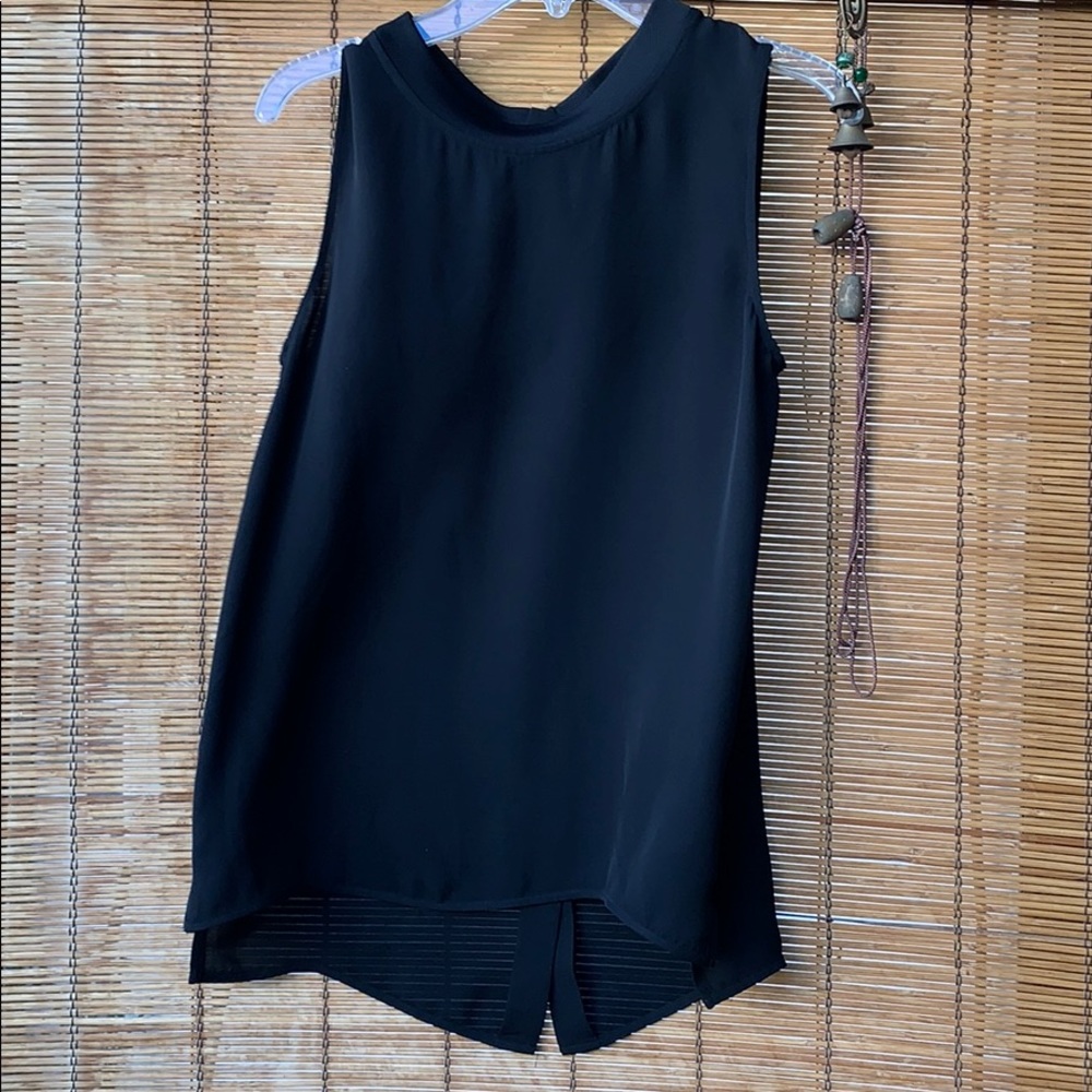 Theory black sheer sleeveless top back button silk